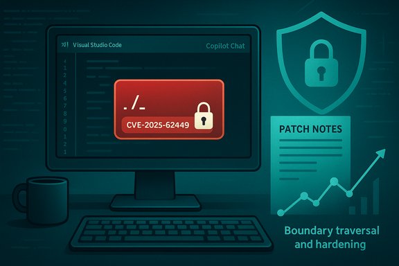 Computer screen displays a CVE-2025-62449 vulnerability alert with patch notes.