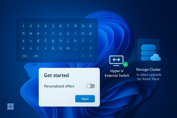 Windows 11 desktop with floating setup UI including keyboard, Get started card, Hyper-V switch, and storage cluster icons.