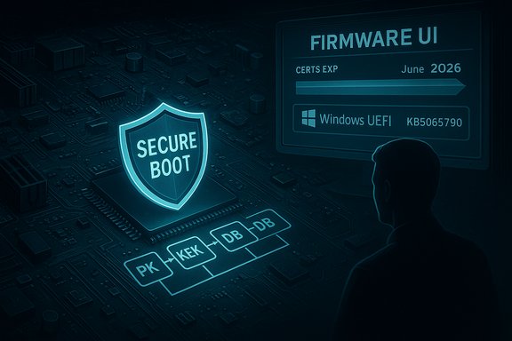 A glowing Secure Boot shield on a motherboard beside a firmware UI display.