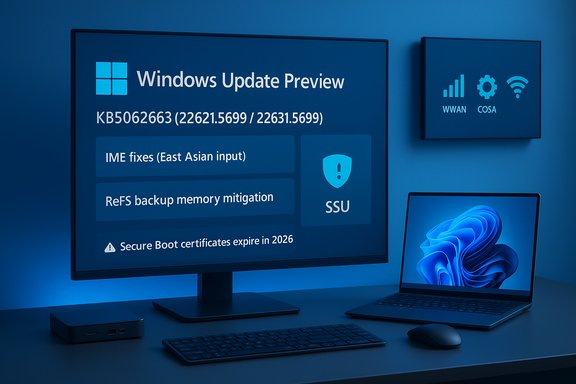 Windows Update Preview screen shows KB5062663 with IME fixes, ReFS backup mitigation, and SSU.