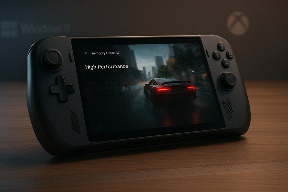 A handheld gaming device shows a high-speed car race through a rain-soaked city.