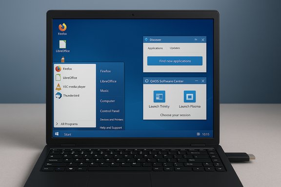 Laptop shows a Windows 7 desktop with Start menu and floating app windows.