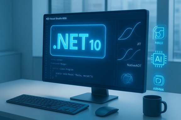 A computer monitor glows with a neon .NET 10 logo, code, and tech icons on a desk.