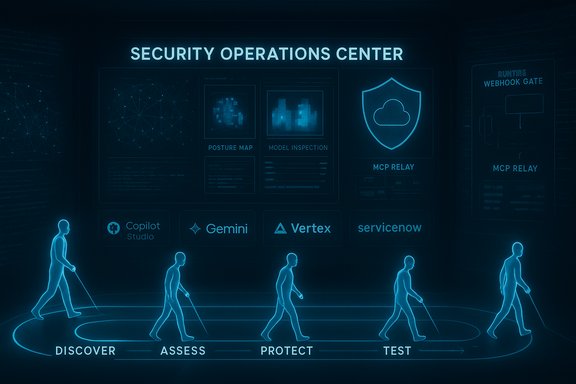 Futuristic Security Operations Center displaying a Discover, Assess, Protect, Test workflow.