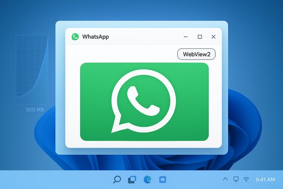 WhatsApp chat window on Windows, showing a large green WhatsApp icon in WebView2. WhatsApp chat window on Windows, showing a large green WhatsApp icon in WebView2.