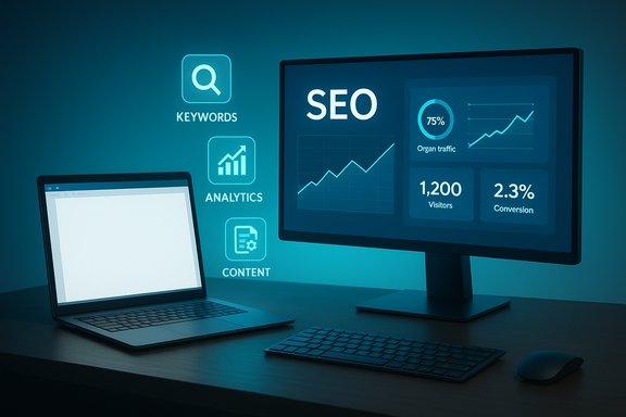 Blue-toned desk setup featuring a monitor with SEO analytics, keywords, and content icons.