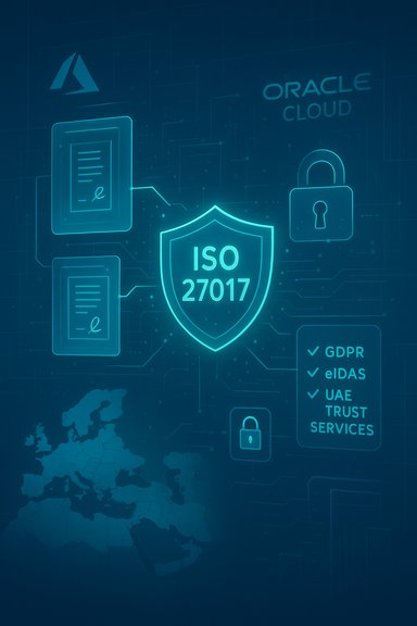 Glowing ISO 27017 shield centered on Oracle Cloud with security icons and trust checks.