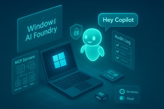 Glowing Windows AI Foundry scene with a friendly AI avatar and Copilot chat panels.