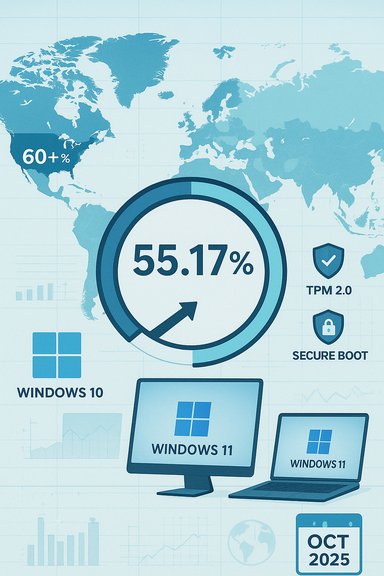 Global tech infographic with a world map, Windows stats and a 55.17% central figure.