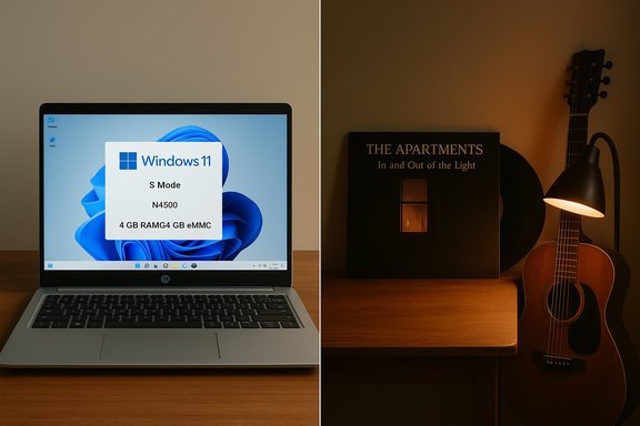 Left: Windows 11 laptop; Right: guitar, lamp, and a book on a desk.