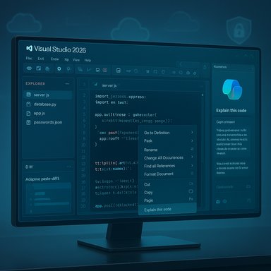 Curved monitor displaying Visual Studio 2026 with code editor and side panels.