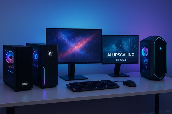 Gaming PC setup with dual monitors, RGB-lit towers, keyboard and mouse under blue neon lighting.