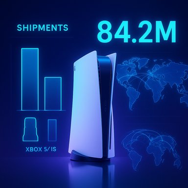 A white PS5-style console stands beside glowing blue shipment charts showing 84.2M.