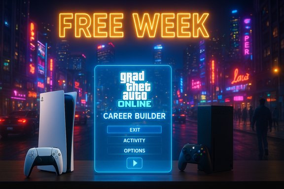 Neon-lit city at night with a large “Free Week” sign and a glowing GTA Online Career Builder screen beside a PS5.