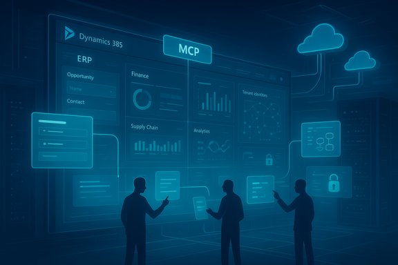 Silhouetted professionals interact with a blue holographic ERP dashboard labeled MCP in a cloud-connected data center.