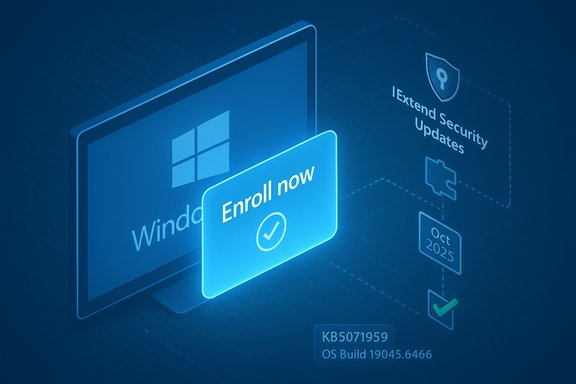 Blue Windows update graphic with an 'Enroll Now' sign and security updates timeline.