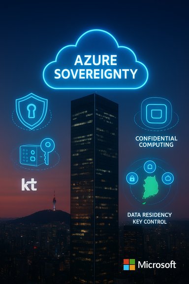 Neon cloud labeled 'Azure Sovereignty' hovers over a city skyline with security icons and a Microsoft logo.