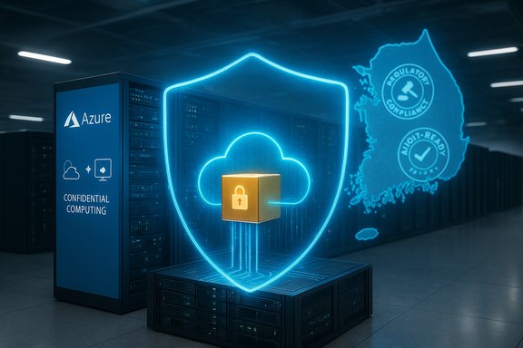 Azure Confidential Computing: a glowing shield protects data in a secure data center.