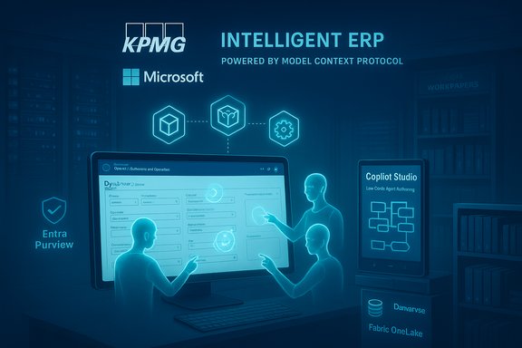 Three people collaborate around a large touch-screen ERP interface in a blue, high-tech data center.