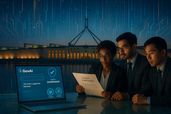 Three suited professionals study a GovAI data governance document on a laptop.