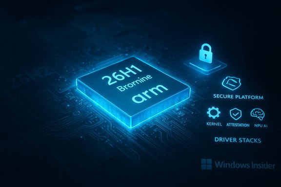 Glowing blue ARM processor chip labeled 26H1 Bromine ARM on a circuit board with security icons.