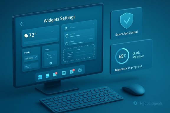 Blue 3D monitor displays Widgets Settings with Smart App Control and 65% diagnostic progress.