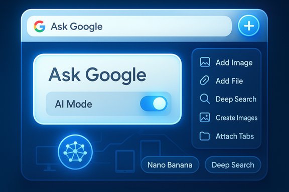 A futuristic Google-style UI with 'Ask Google', an AI Mode toggle, and a side action menu.