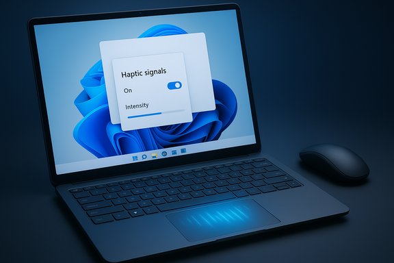 A laptop screen shows a haptic signals settings panel with an On toggle and intensity slider.