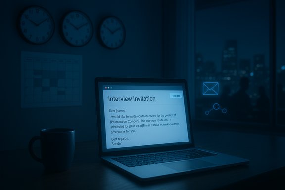A laptop on a dim desk displays an interview invitation email at night.