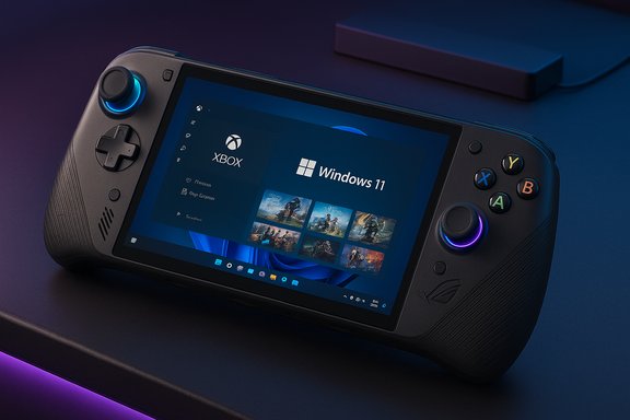 A handheld gaming device displaying Windows 11 with Xbox branding.