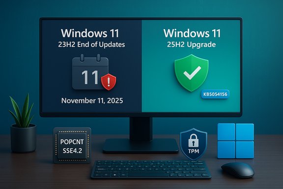 A computer screen shows Windows 11 23H2 end of updates on the left and 25H2 upgrade on the right.