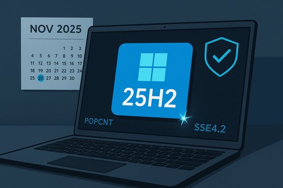 Laptop screen displays Windows 25H2 update icon with a security shield; calendar shows Nov 2025.