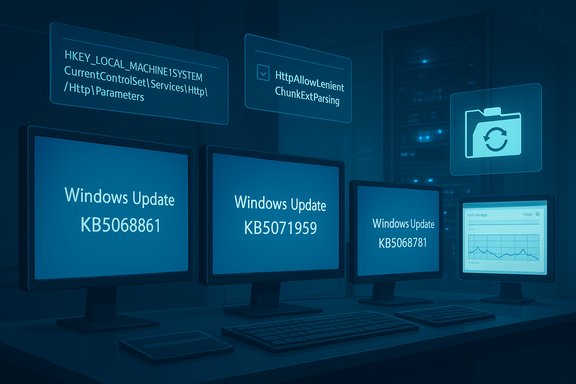 Blue-tinted data center with multiple monitors displaying Windows Update codes.