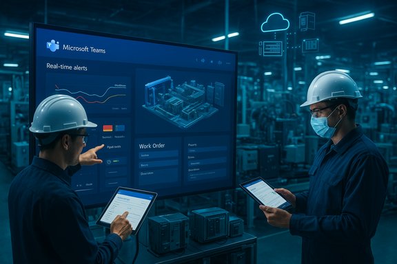 Two workers in hard hats monitor real-time dashboards on a large display.
