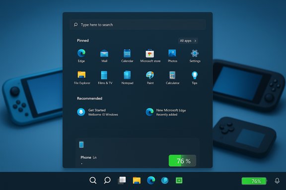 Windows 11 Start menu opens with pinned apps on a dark panel, blurred gaming handhelds in the background.