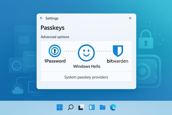 Passkeys settings panel showing Windows Hello with 1Password and Bitwarden as providers.
