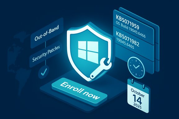 Isometric blue security graphic featuring a shield, patches, and an Enroll now button.