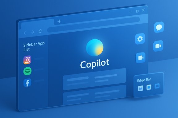A blue 3D UI mockup featuring the Copilot logo, a left app sidebar, and floating widgets.