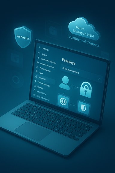 Laptop shows security settings and passkeys UI with WebAuthn shield and Azure cloud icons.