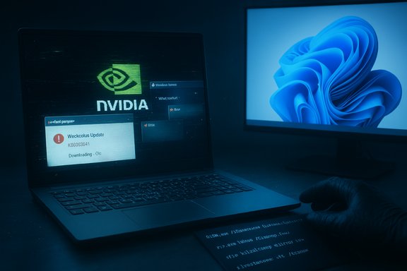 A laptop displays the NVIDIA logo with update popups, beside a monitor showing a blue Windows wallpaper.