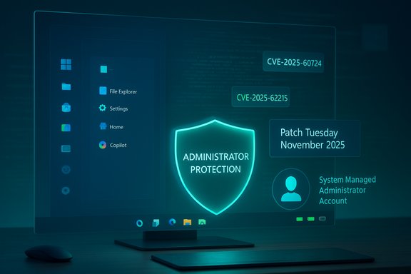 A holographic shield labeled 'ADMINISTRATOR PROTECTION' hovers over a cybersecurity dashboard.