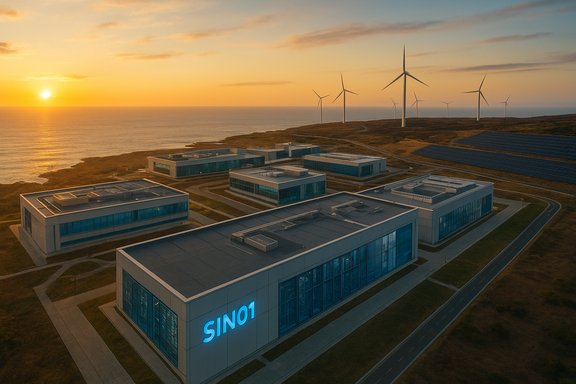 Coastal research campus at sunset with wind turbines and solar panels.