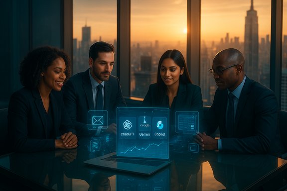 A diverse team of professionals reviews AI tools on holographic screens in a high-rise office at sunset.