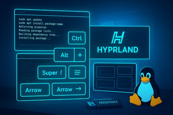 Neon blue holographic Linux UI showcasing Hyprland, a terminal, and Tux the penguin.