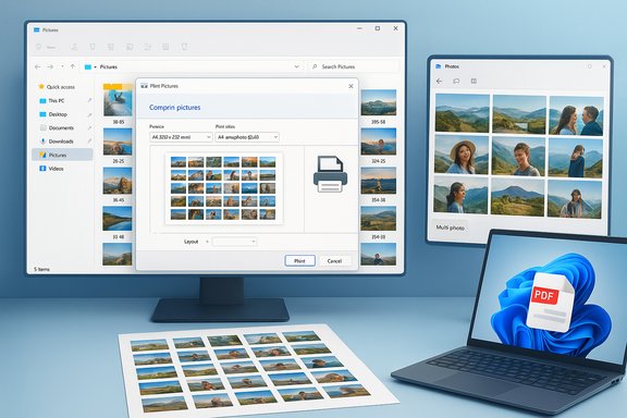 A multi-monitor setup shows a photo printing layout and collage, with a printed sheet on the desk.
