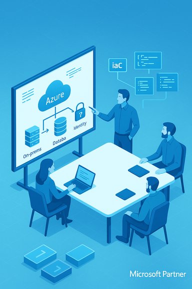 Team presents an Azure cloud architecture diagram with on-prem, database, and identity.