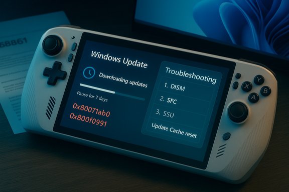 A handheld gaming console displays a Windows Update progress screen with troubleshooting options.