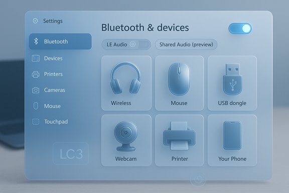 Blue Bluetooth settings panel showing devices like Wireless, Mouse, USB dongle, webcam, printer, and phone.