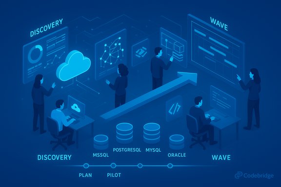 Blue-toned scene of developers collaborating on cloud data discovery and database integration.