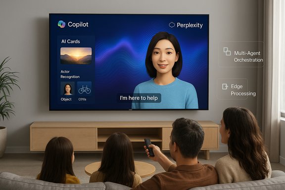 A family watches a TV screen showing Copilot AI with a friendly avatar.
